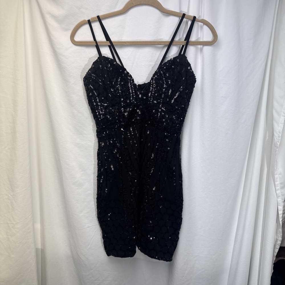 Fashion Nova Sequin Mini Bodycon Dress Black Sweetheart Neck Small Sexy